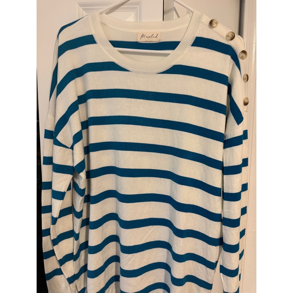 Marled Striped Button Shoulder Sweater White Teal Blue Women's Oversized Knit